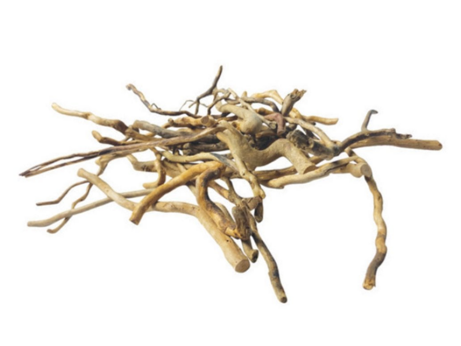 A collection of intricate, naturally-shaped wooden branches and roots is displayed against a white background. The twisting and turning forms create an organic, decorative element suitable for terrariums, aquariums, or landscaping projects.