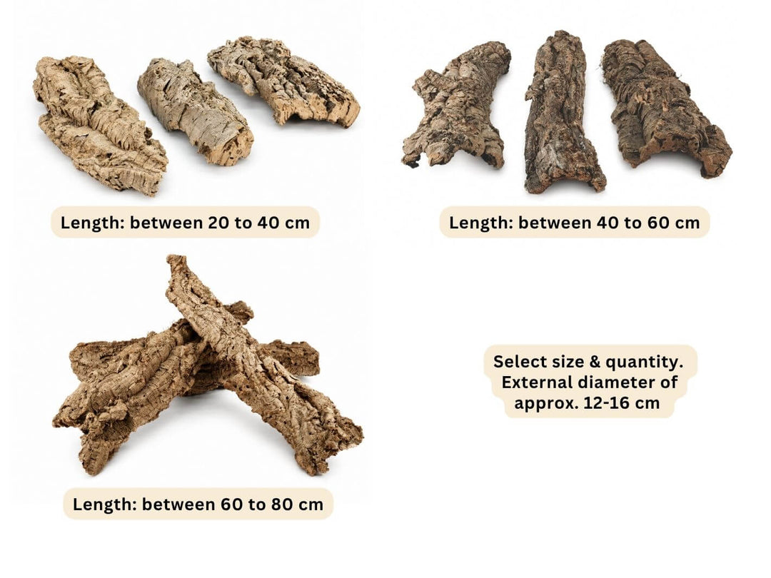 Three sets of natural cork bark pieces shown on a white background, labeled by size options: between 20 to 40 cm, between 40 to 60 cm, and between 60 to 80 cm, with a note to select size and quantity and an approximate external diameter of 12-16 cm.