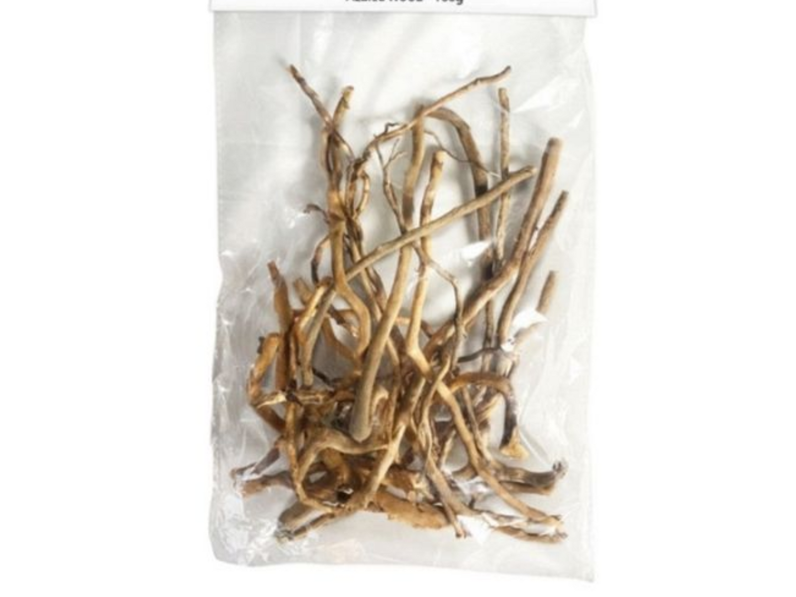 A clear plastic package contains several dried, twisted roots, showcasing a variety of natural brown tones. The roots are thin and elongated, making them suitable for decorative purposes in terrariums or aquariums.