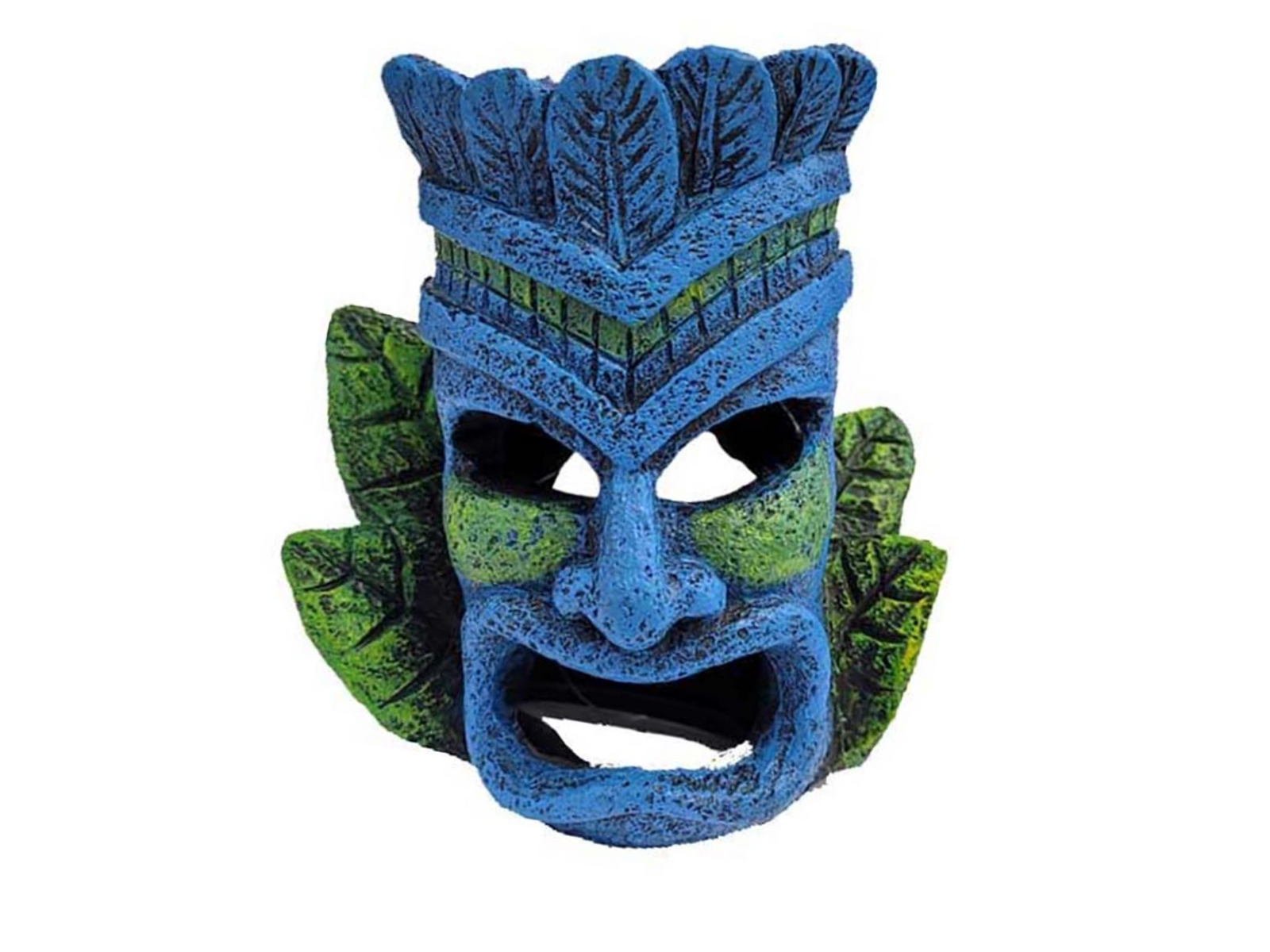 A vibrant blue tiki head figurine features intricate leaf designs and accents of green and yellow. This decorative piece is ideal for enhancing the tropical atmosphere of terrariums or aquariums.