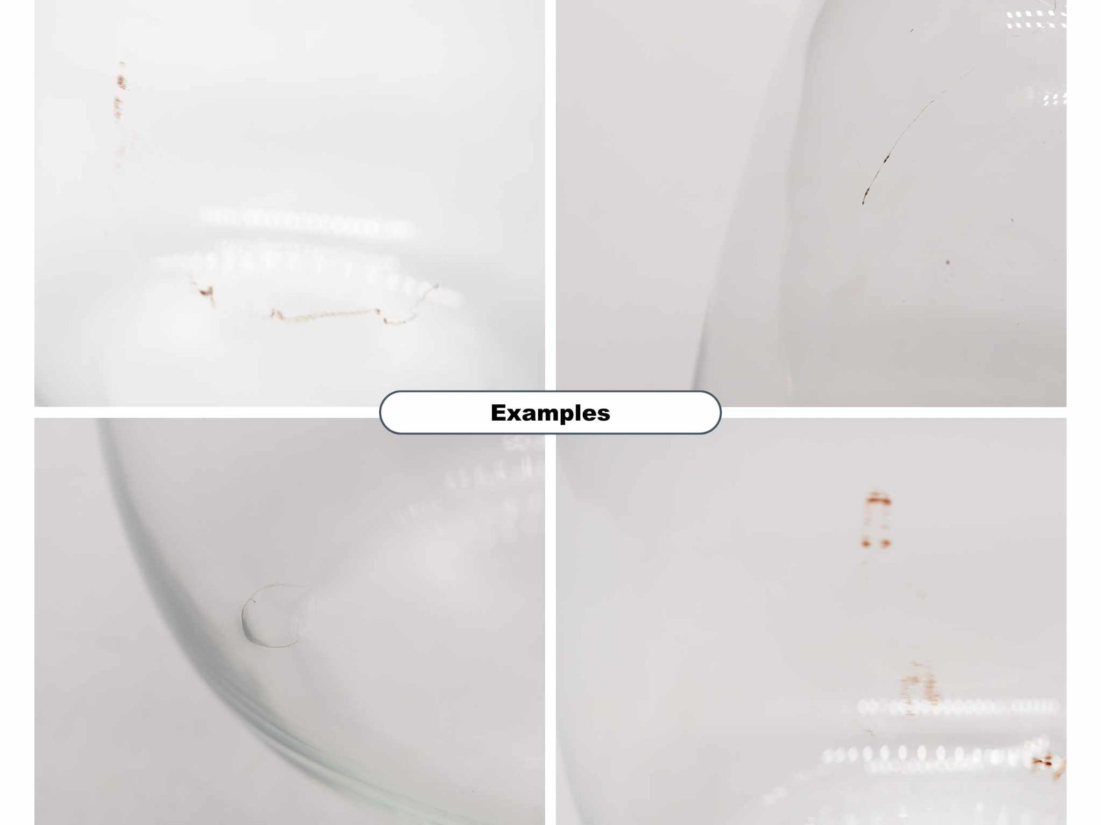 A close-up view of a glass container featuring visible imperfections, including scratches and marks on the surface. The image showcases four sections highlighting the defects, emphasizing its unique character for DIY projects.