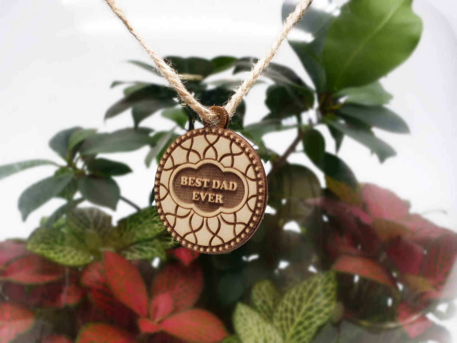 A wooden gift tag engraved with the words Best Dad Ever hangs from a natural twine string, surrounded by vibrant green and red plants inside a clear glass terrarium. The tag adds a personal touch to the indoor garden display.