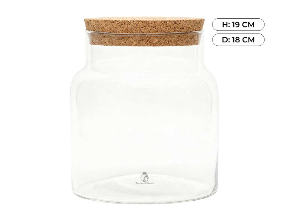Handmade mouth-blown glass terrarium jar with natural cork lid, 19 cm tall
