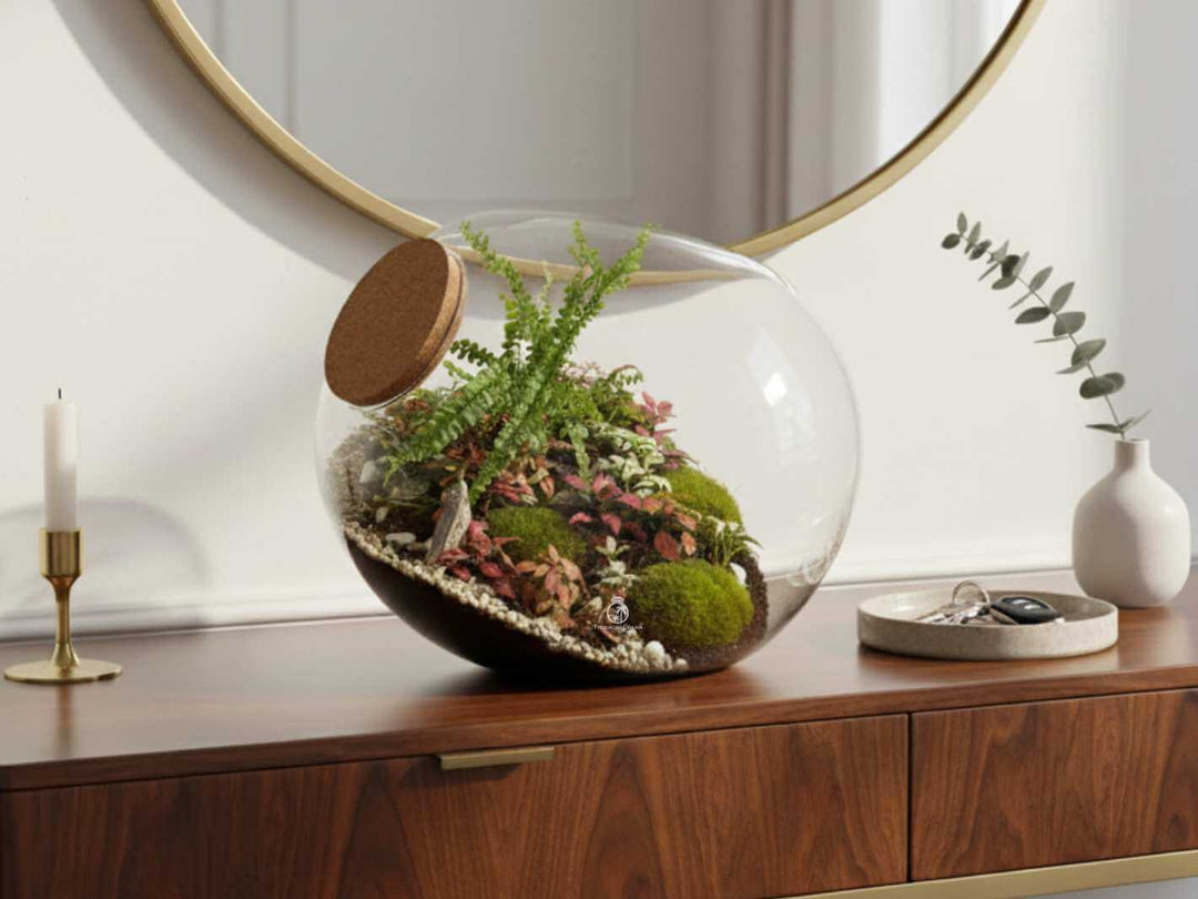 Indoor terrarium kit with three live plants and soft green moss