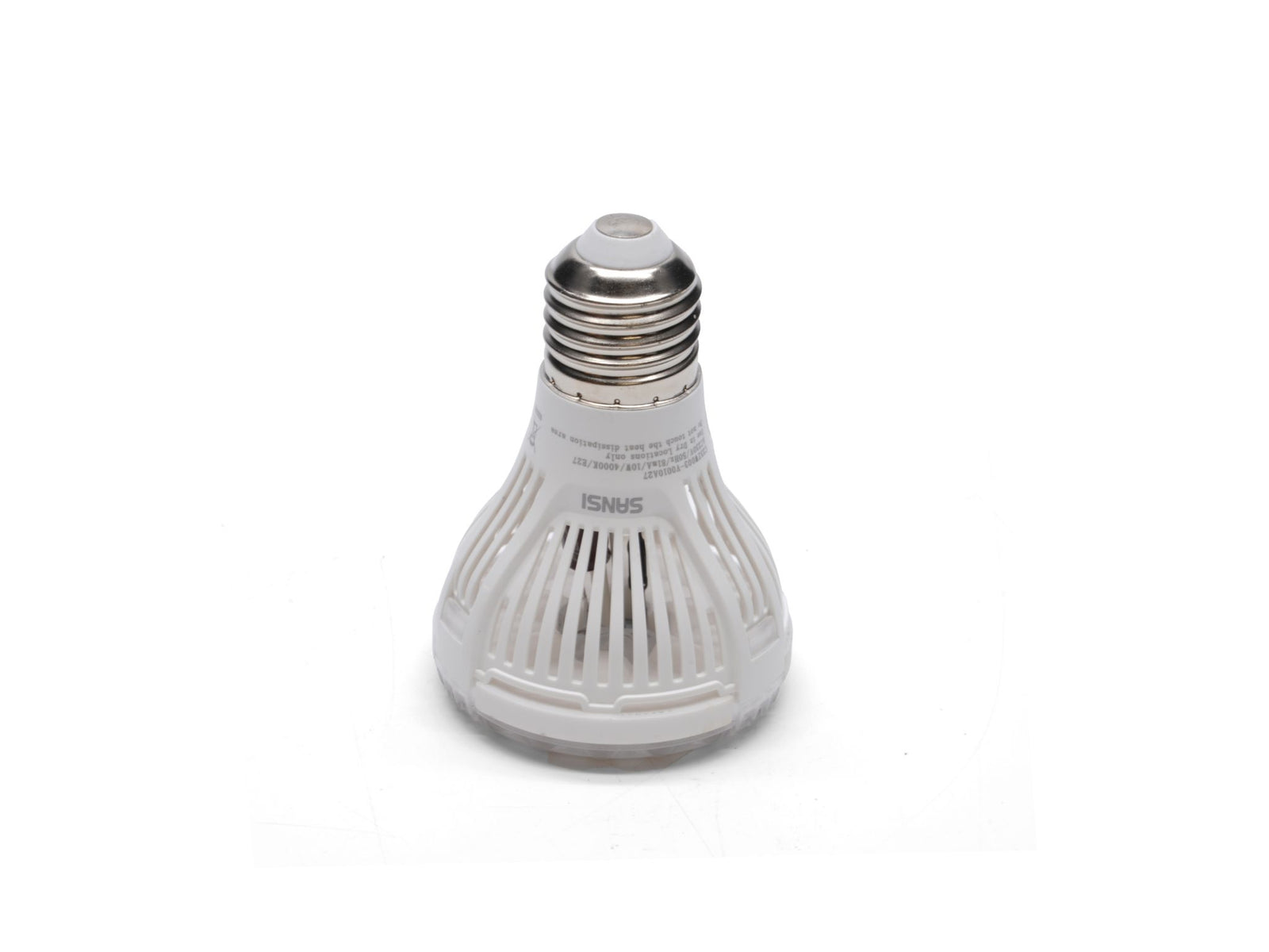 A close-up view of a white LED grow lamp with an E27 base, featuring a distinctive bulb shape and ventilation grooves. The lamp is designed to provide a full spectrum of light suitable for indoor plants and terrariums.