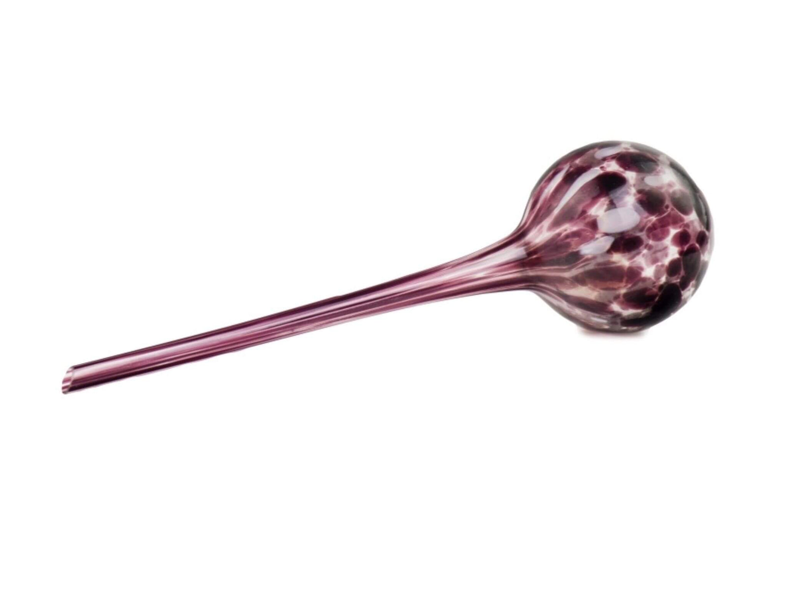 A handcrafted glass watering globe featuring a purple and black speckled design, tapering into a long, slender neck. This decorative piece is ideal for self-watering plants, offering both functionality and aesthetic appeal.
