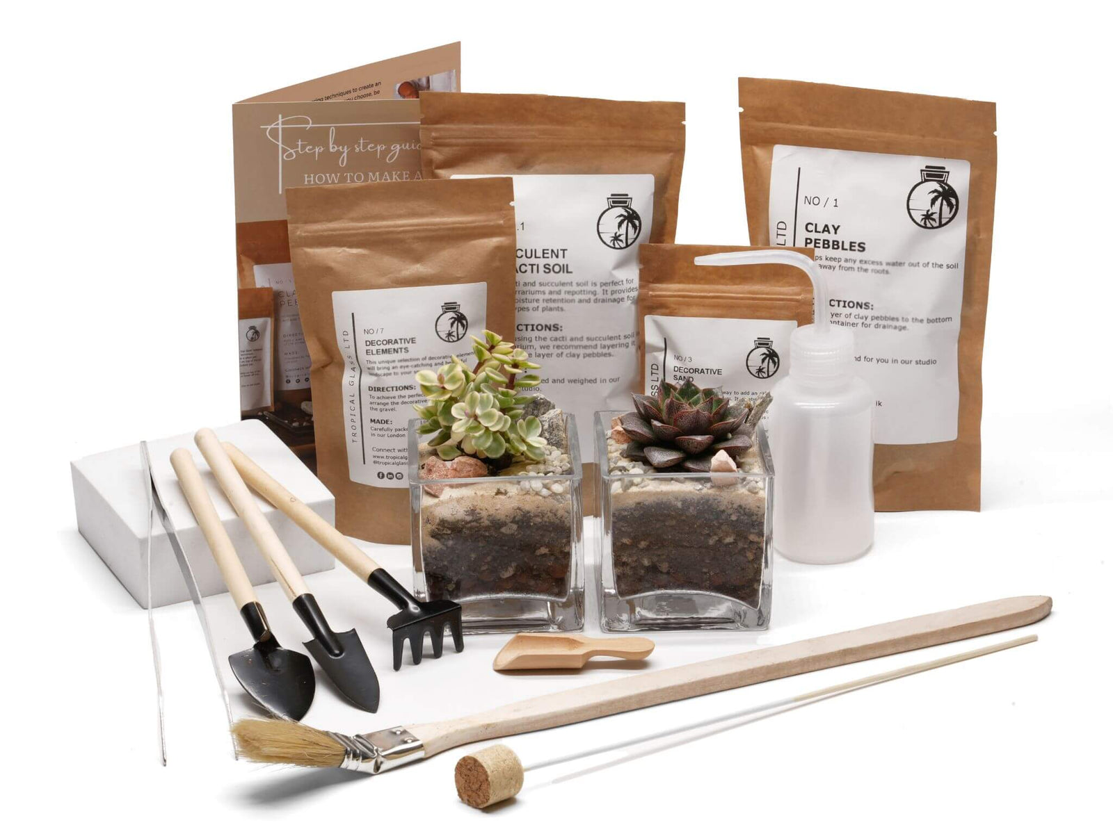 A DIY succulent plant arrangement kit displayed on a white background, featuring two glass cube planters filled with soil and succulents. The kit includes various tools, soil bags, instructions, and decorative pebbles for crafting.