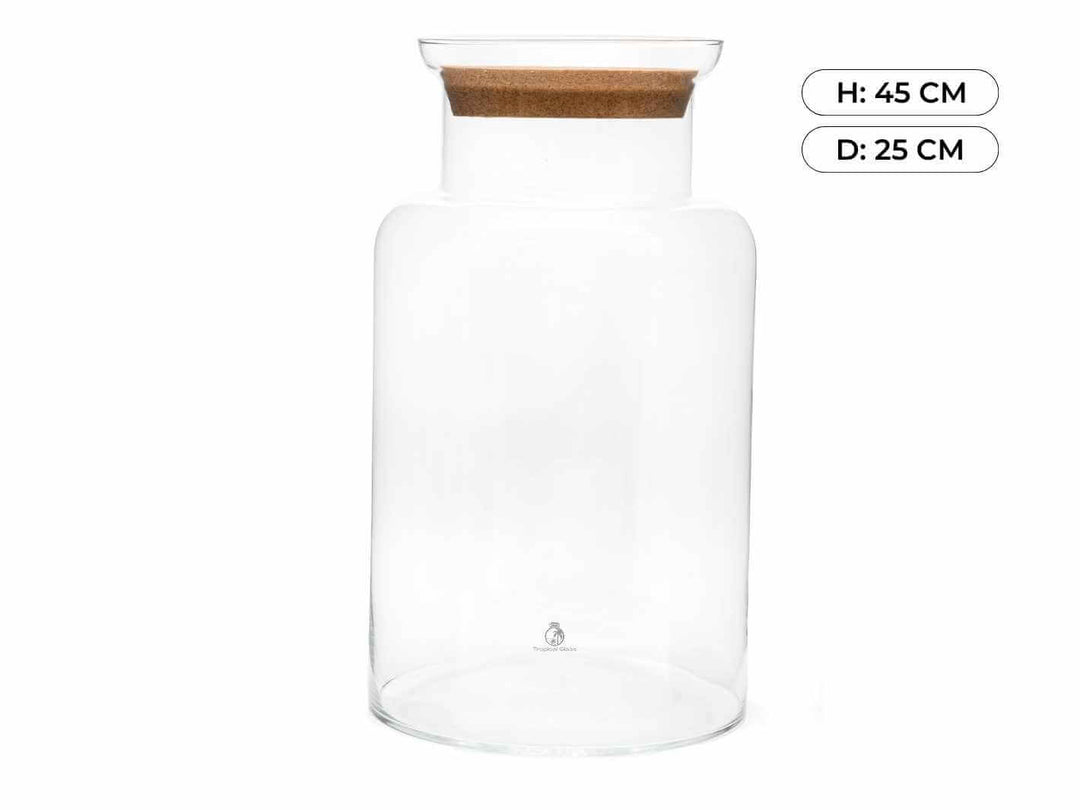 Ekstra large glass jar with a cork lid on a white background
