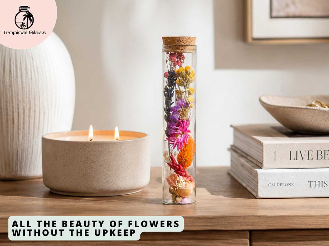 Everlasting dried flowers in a glass bottle offering the beauty of flowers without watering or maintenance