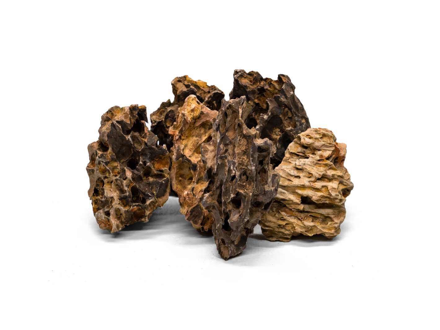 A collection of natural Dragon Stone pieces, showcasing intricate textures with detailed crevices and holes. The stones feature various shades of brown and orange, ideal for enhancing aquascaping and terrarium designs.