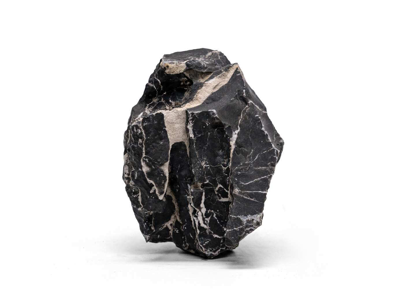 A large, textured rock displays a striking contrast of black and white hues, with prominent veins and irregular edges. This unique rock is ideal for enhancing aquascaping, terrarium, and paludarium projects.