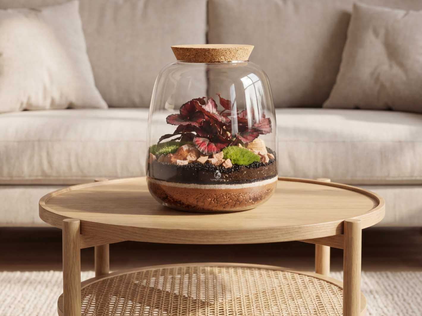Artisan closed terrarium displayed as living room decor, featuring a 22 cm bulb shaped glass jar with live plant, moss and layered materials