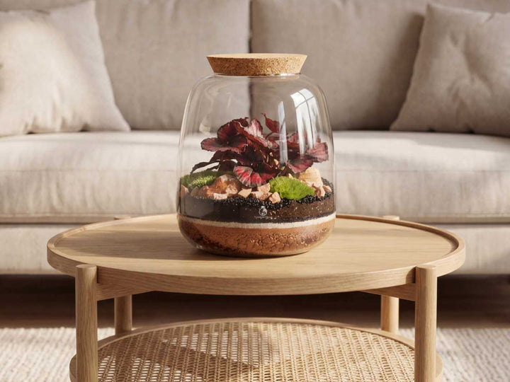 Artisan closed terrarium displayed as living room decor, featuring a 22 cm bulb shaped glass jar with live plant, moss and layered materials