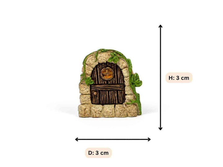Stone fairy door terrarium ornament with a wooden door and green vines