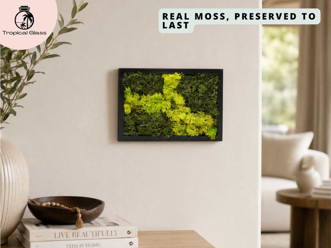 Black framed preserved moss wall decor displayed on a wall, creating a natural botanical accent for the home