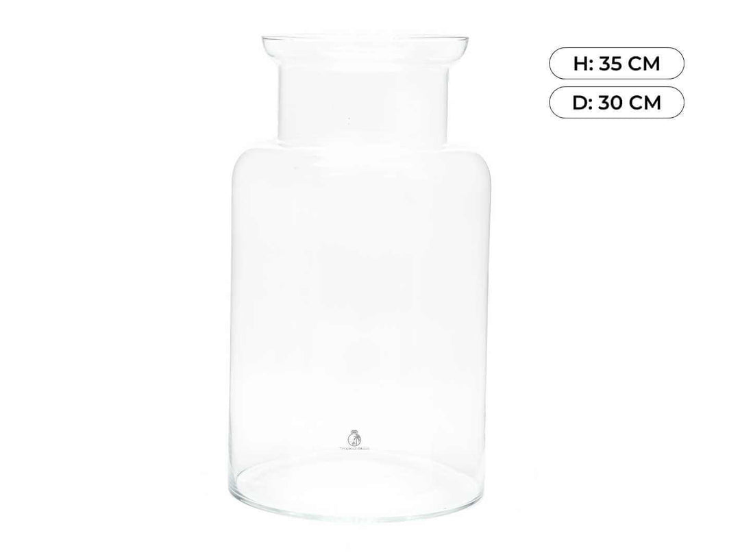 Handmade 45cm clear glass vessel with natural bubbles, ideal for plants or bouquets