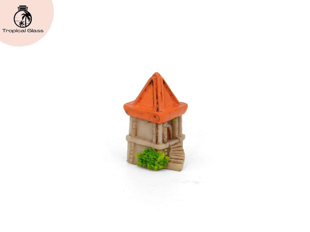 Angled perspective view of the mini castle tower figurine for miniature landscapes