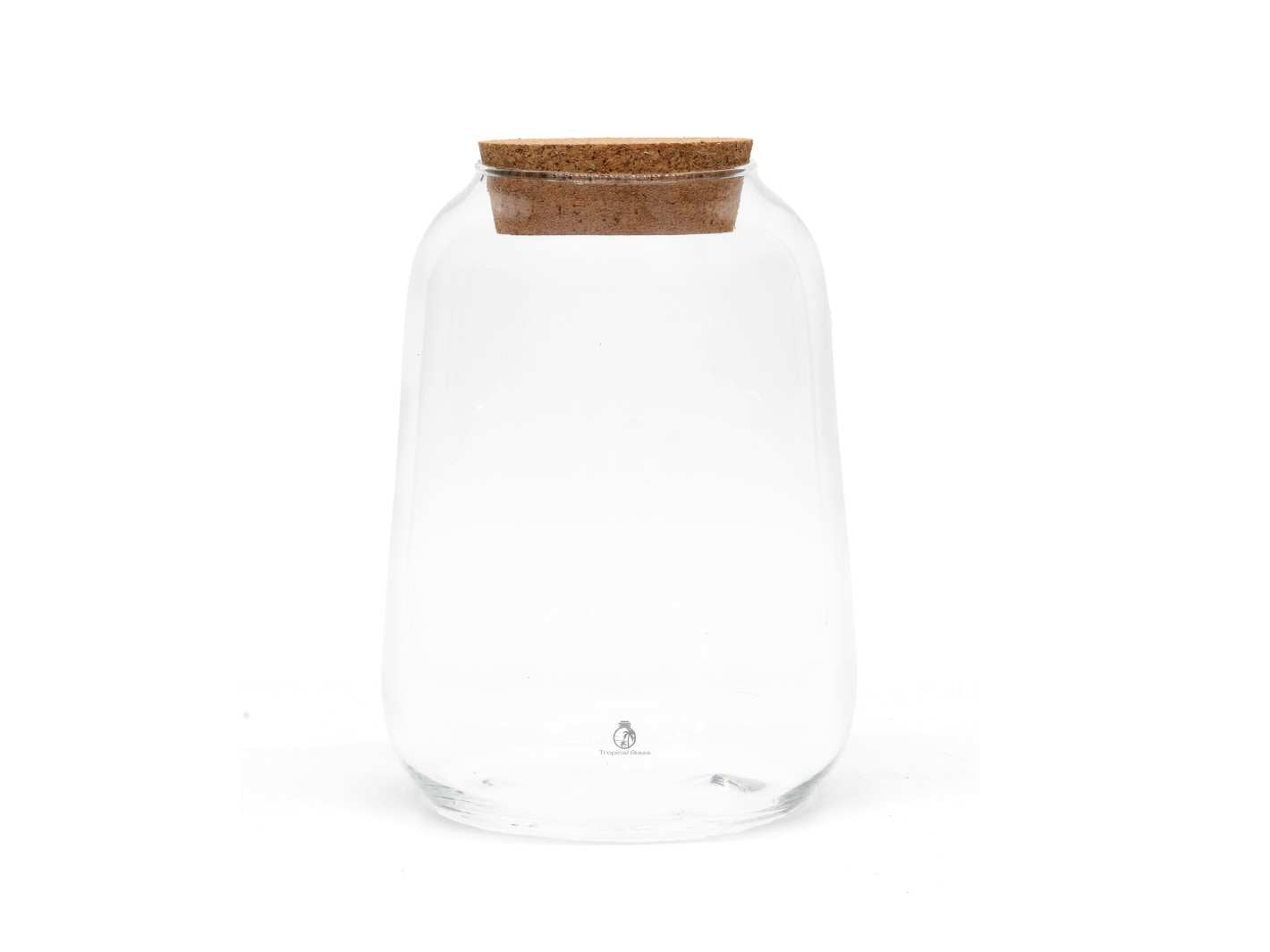 Clear glass jar with a wooden lid on a white background