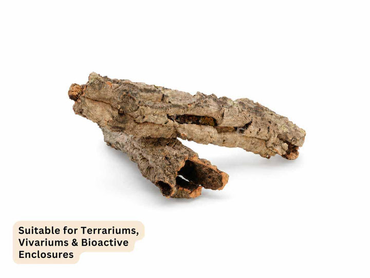 A piece of natural bark or wood prop with rough textured bark, shown on a white background with a text overlay at the bottom left stating &