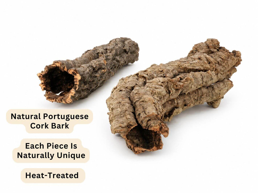 Two natural Portuguese cork bark pieces on a white background with text overlays reading &