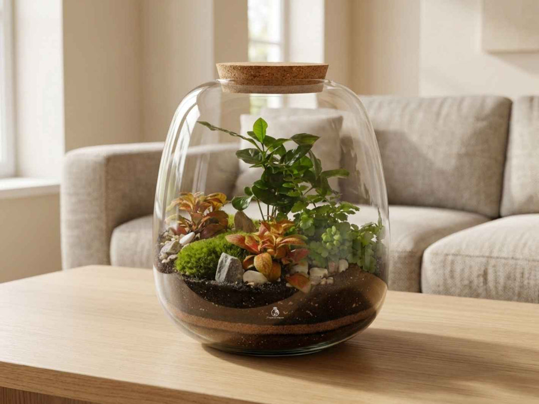 What is included inside the Palermo DIY terrarium kit with live plants, moss, soil, charcoal and drainage layers