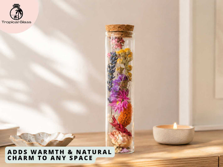 Decorative dried flower glass bottle styled in a warm interior setting, adding natural charm and soft colour to the room