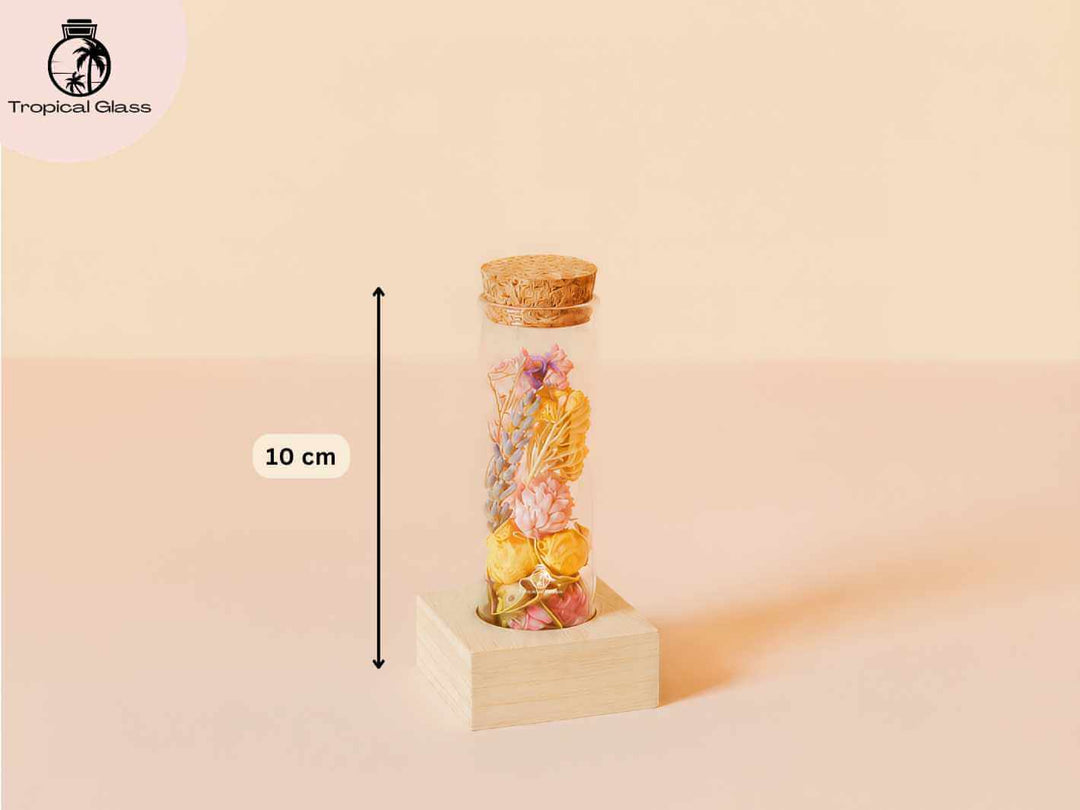 Dried flower glass bottle measuring 10 cm tall, compact floral decor with wooden base