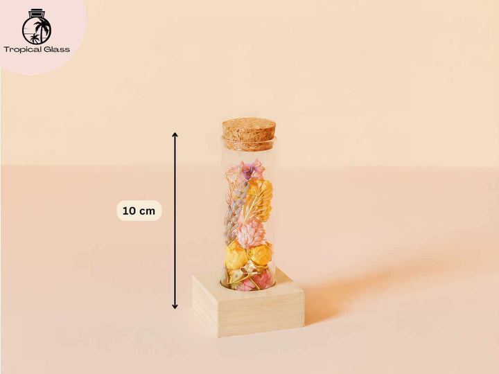 Dried flower glass bottle measuring 10 cm tall, compact floral decor with wooden base