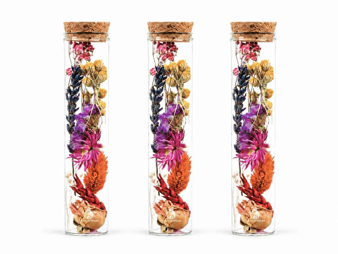 Set of 3 dried flower glass bottles with cork lids, filled with real everlasting flowers for home decor and gifting