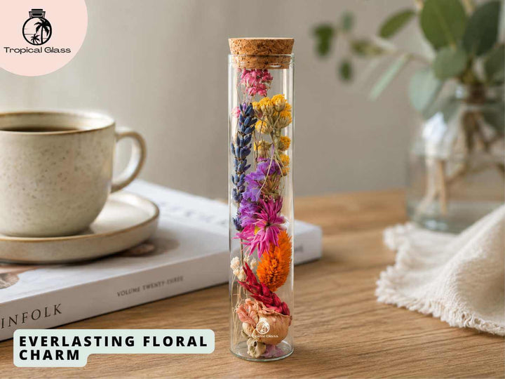 Dried flower glass bottle displayed in a cosy interior, adding everlasting floral charm to shelves and small spaces