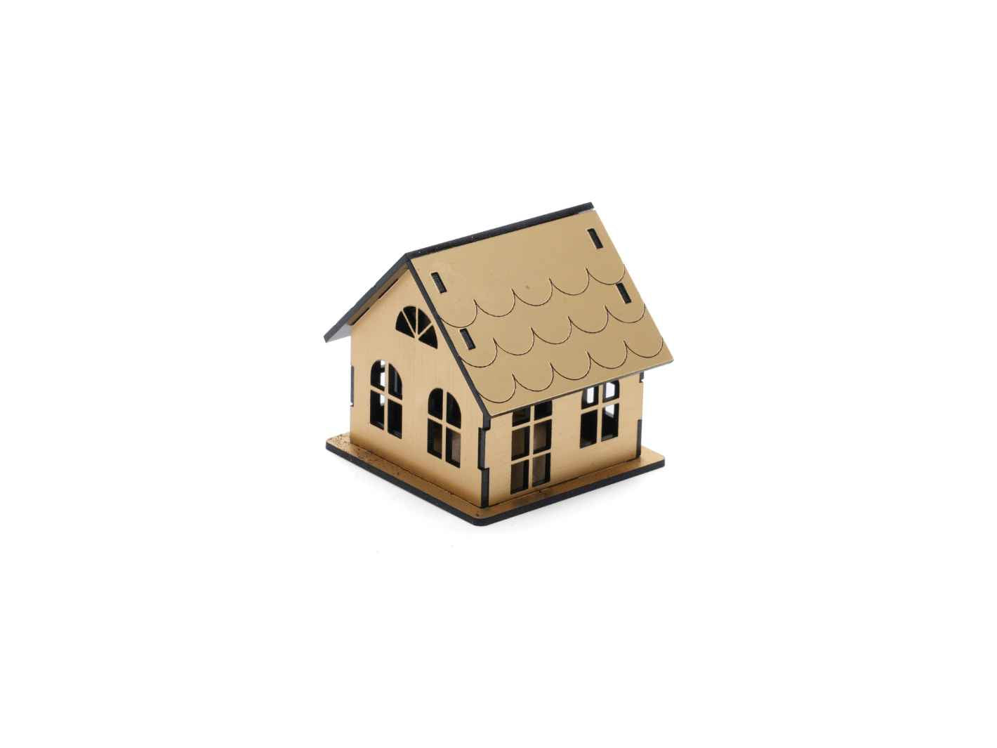 A small, wooden house figurine featuring a light tan color and black accents. The house has a decorative, scalloped roof, multiple windows, and a door, making it an ideal addition to terrarium displays or miniature scenes.