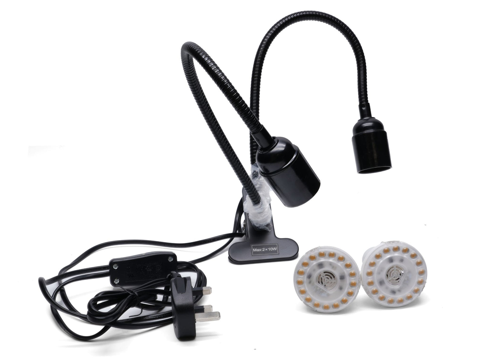 A flexible, dual-headed clip-on LED grow light with two light bulbs, a power cord, and a plug is shown. The light features adjustable arms for directing illumination, making it suitable for indoor plants and terrariums.