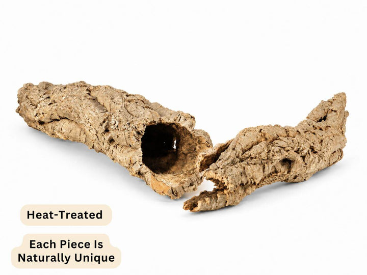 A heat-treated bark hide for reptiles, shown as two natural cork-like pieces with a hollow center, on a white background with text overlays.