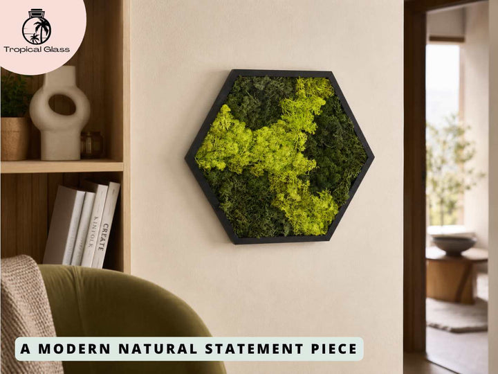 Hexagon preserved moss frame displayed in a hallway, bringing natural green texture and geometric wall decor to the space