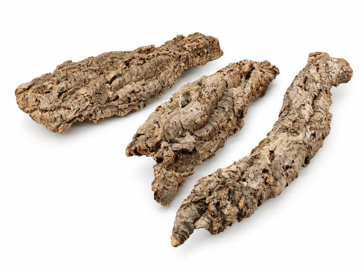 Three rough, bark-like dried root pieces in natural brown and tan tones arranged diagonally on a plain white background.