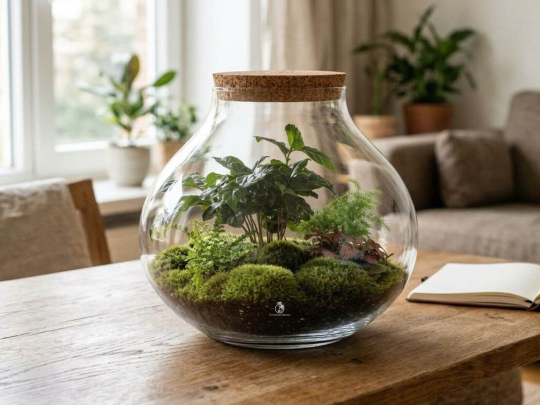 Large 31 cm planted terrarium with live plants and moss on a wooden table