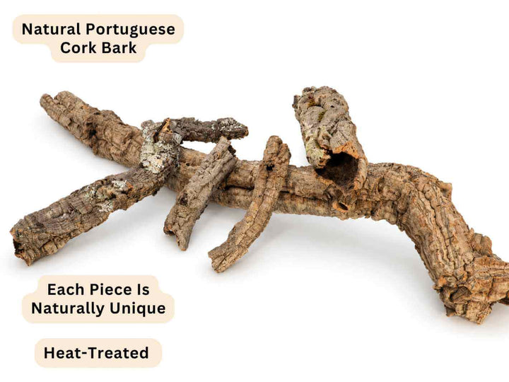 Natural Portuguese cork bark pieces, heat-treated and shown on a white background with text labels describing the product.