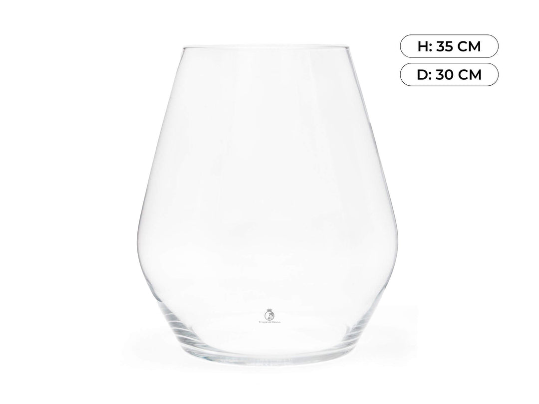 Clear glass vase for flowers with dimensions H: 35 CM, D: 30 CM on a white background