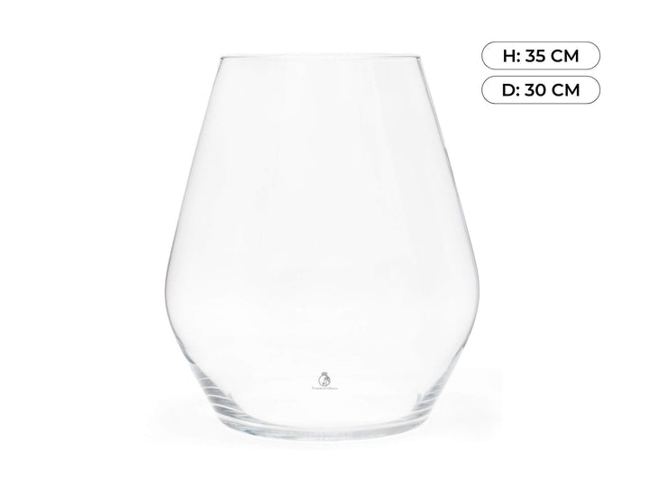 Clear glass vase for flowers with dimensions H: 35 CM, D: 30 CM on a white background