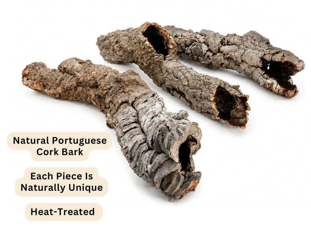 Three natural cork bark pieces with rough, textured outer layers and hollow inner cavities, displayed on a white background with text labels reading &