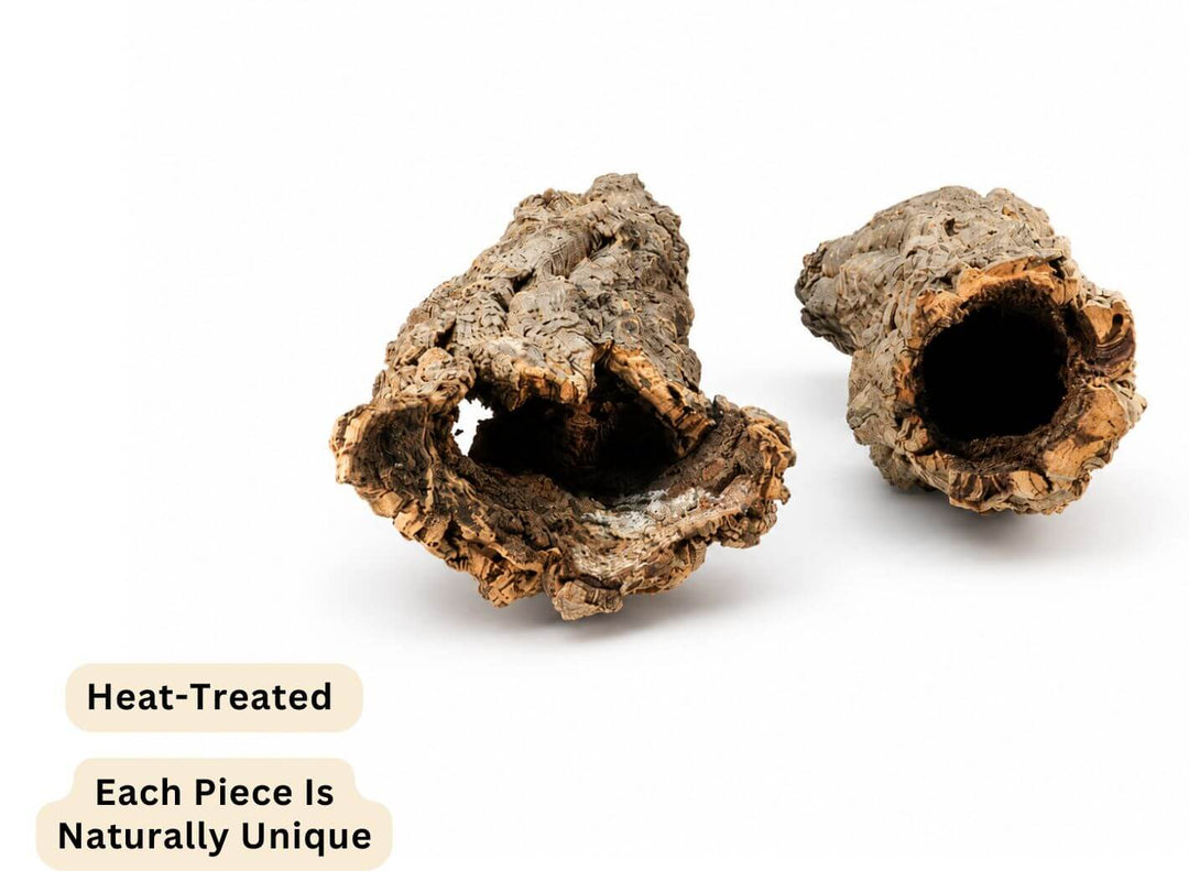 Two irregular cork pieces with hollow centers on a white background, with text labels reading &