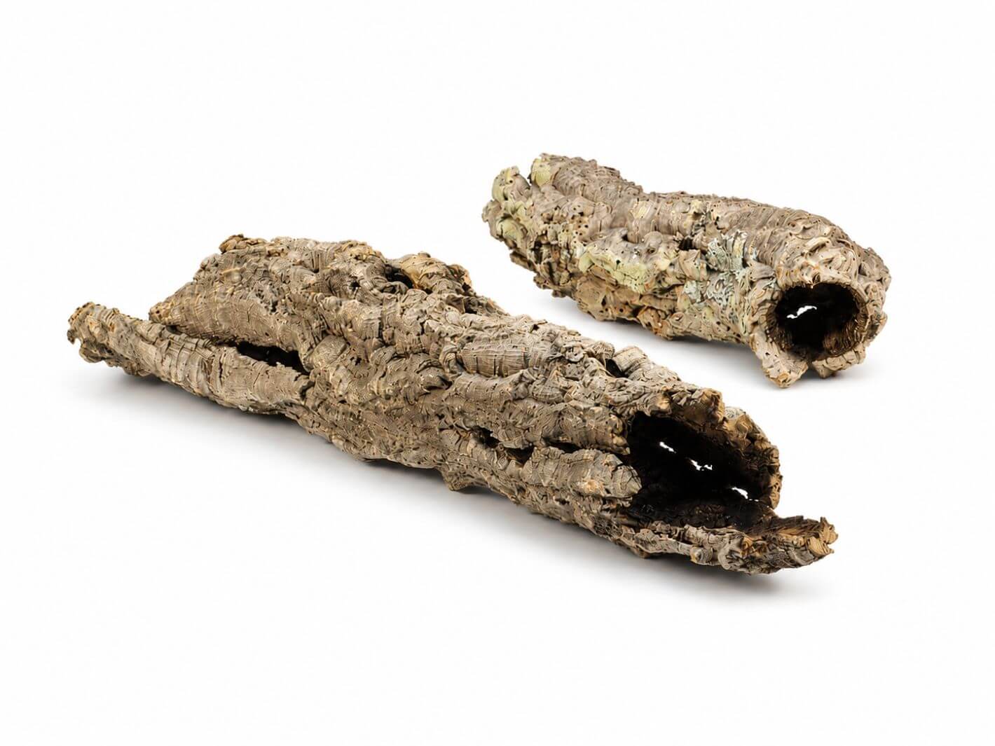 Two natural cork bark logs with hollow centers, displayed on a clean white background.