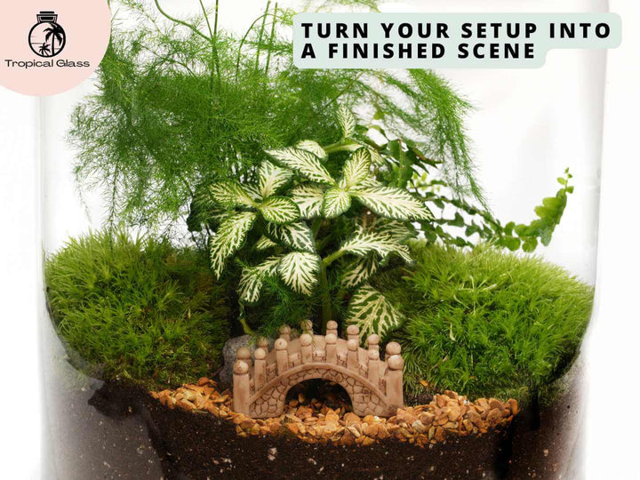 Mini bridge figurine placed on moss, natural style miniature display detail