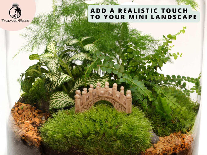 Mini bridge figurine inside glass terrarium, miniature landscape decoration