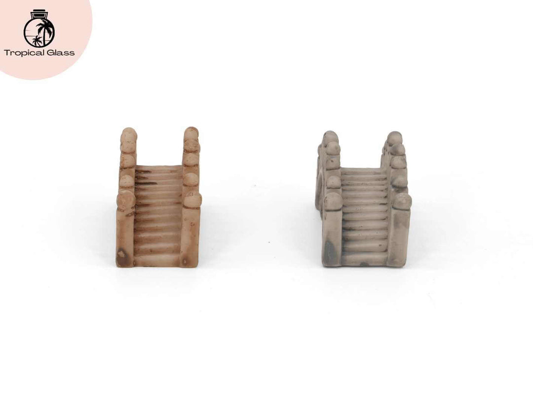 Mini bridge figurine detail showing steps in grey and brown versions, miniature scene accessory