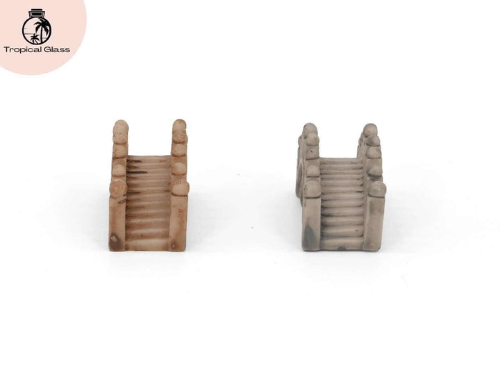 Mini bridge figurine detail showing steps in grey and brown versions, miniature scene accessory