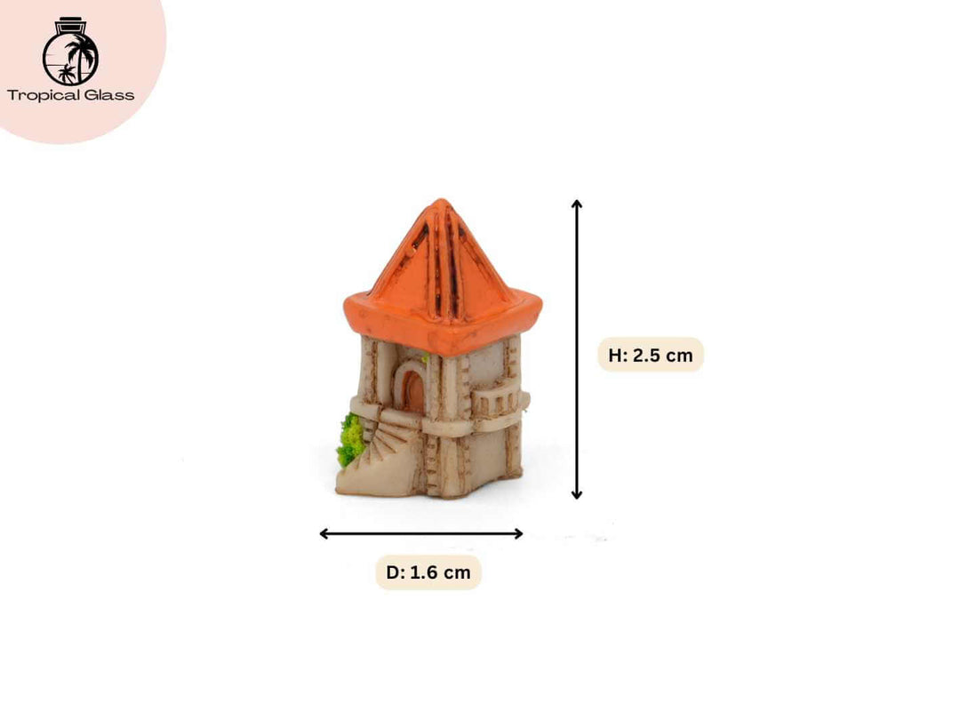 Mini castle tower figurine showing dimensions for terrariums and miniature displays