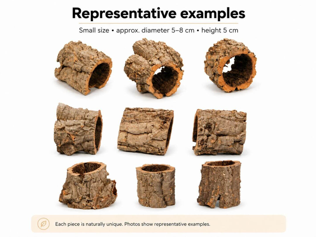 Small mini cork bark pieces showing natural Portuguese cork bark, unique shapes and heat-treated preparation