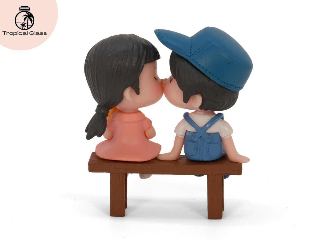 Mini couple figurine sitting on bench, back view, decorative terrarium accessory