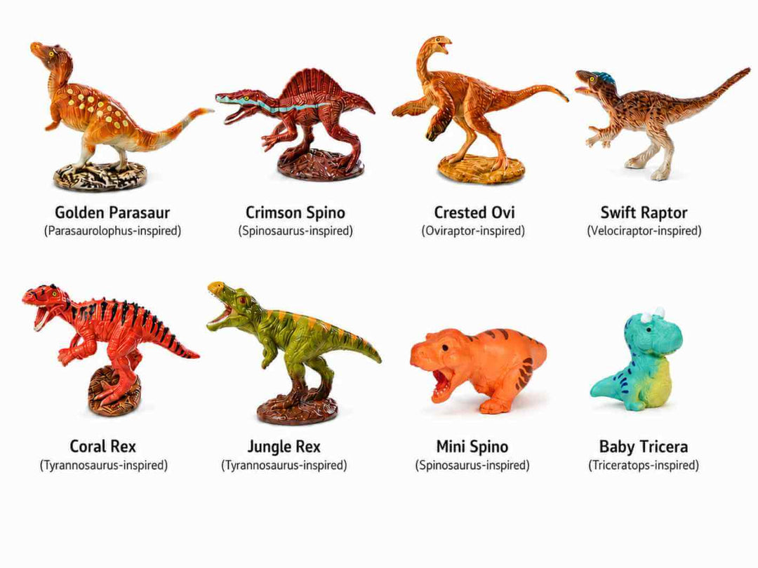 Mini dinosaur terrarium figurines showing all available designs with their names